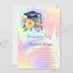 Convite Tampa de Graduação Floral, Efeito Ombre Holográfic