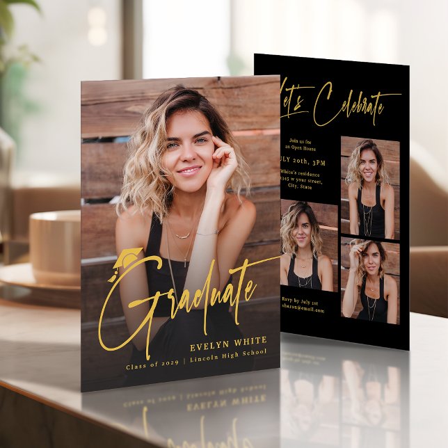 Convite Tampa de Graduação Moderna Script 4 Foto Simples G (Modern Grad Cap Script 4 Photo Simple Graduation Invitation)