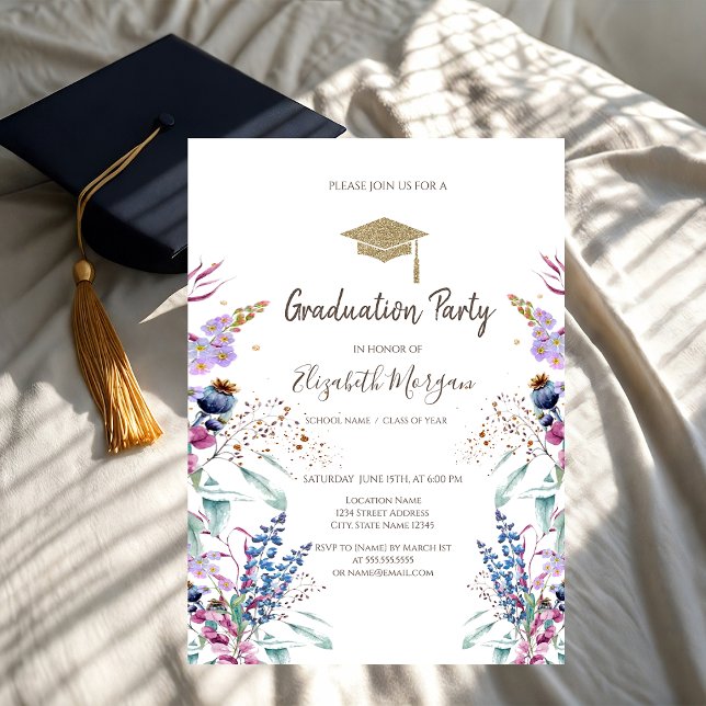Convite Tampa de Graduação Prado de Flores Silvestres Seca (Criador carregado)