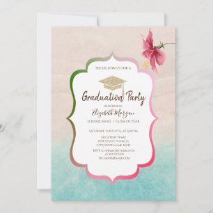 Convite Tampa de Gradução Brilhante Hibisco Praia Graduaçã