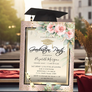 Convite Tampa de Gradução, Taça de Vinho, Flores Rosa Dour