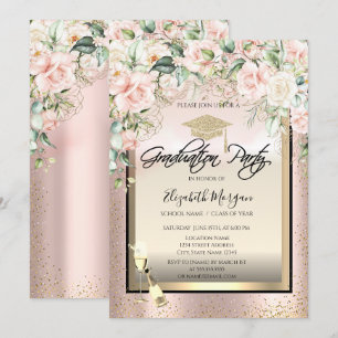 Convite Tampa de Gradução,Taça de Vinho,Rosas de Confetes