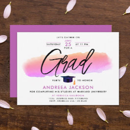 Convite Tampa Rosa Roxo Grad Cap Script Caligrafia Ousada 
