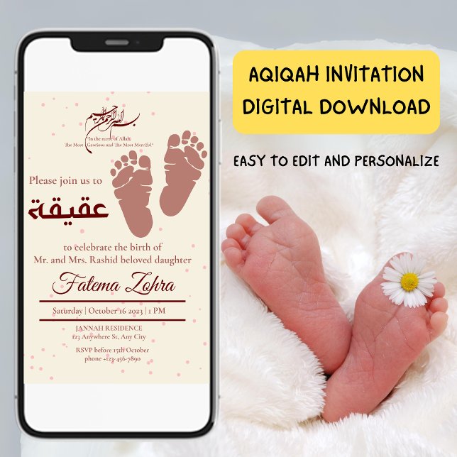 Convite Tampão NewbornBaby Girl Muslim Aqiqah Aqeqa (Footprint NewbornBaby Girl Muslim Aqiqah Aqeeqa Invitation)