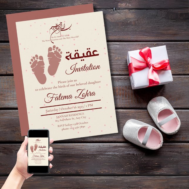Convite Tampão NewbornBaby Girl Muslim Aqiqah Aqeqa (Footprint NewbornBaby Girl Muslim Aqiqah Aqeeqa Invitation)