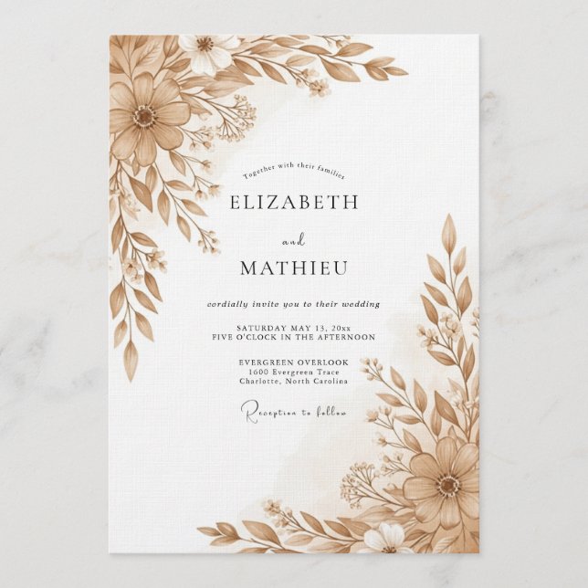 Convite Tan Floral Brushstroke Romance Wedding (Frente)