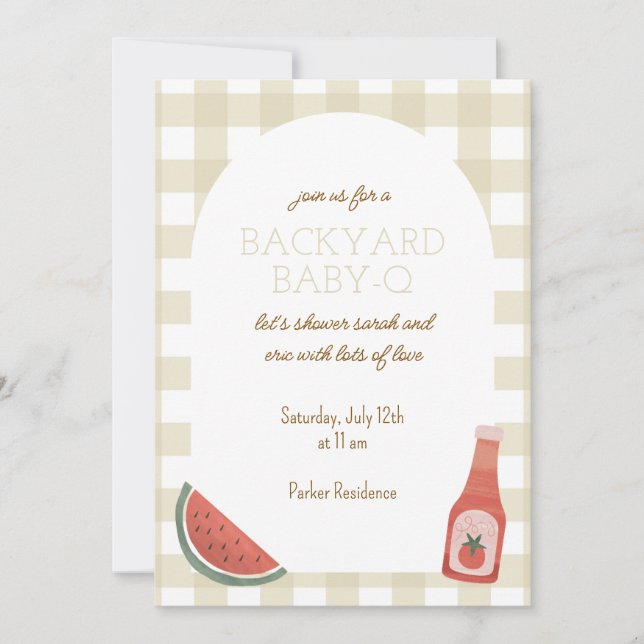 Convite Tan Gingham Baby-Q Baby Shower Invitation (Frente)