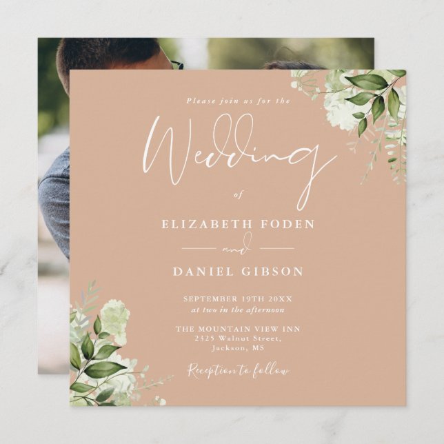 Convite Tan Greenery Floral Photo Square Wedding (Frente/Verso)