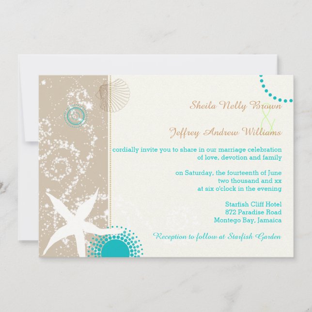 Convite Tan Ivory Teal Modern Beach Wedding (Frente)