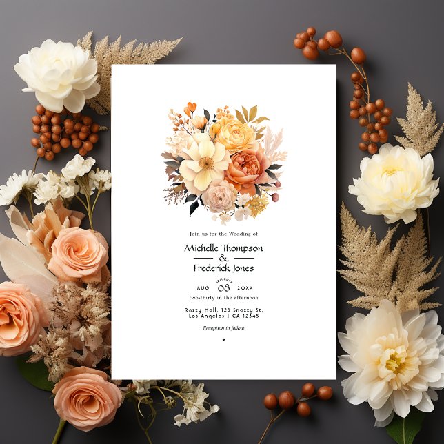 Convite Tan, Peach e Sand Floral Wedding (Criador carregado)