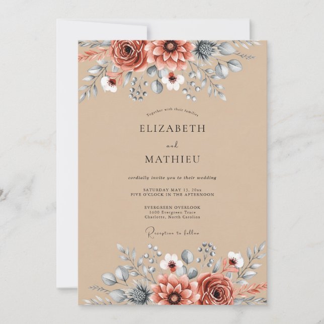 Convite Tan Rustic Botanical Autumn Wedding (Frente)