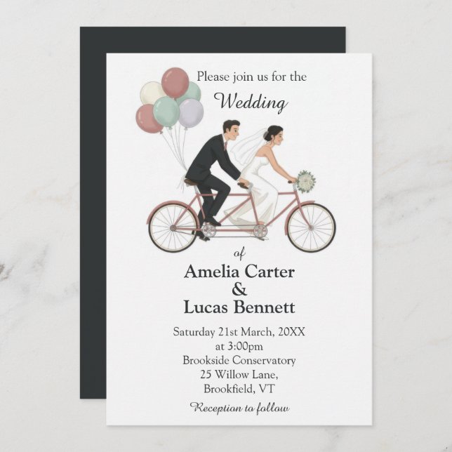 Convite Tandem Bike Wedding Invitation (Frente/Verso)