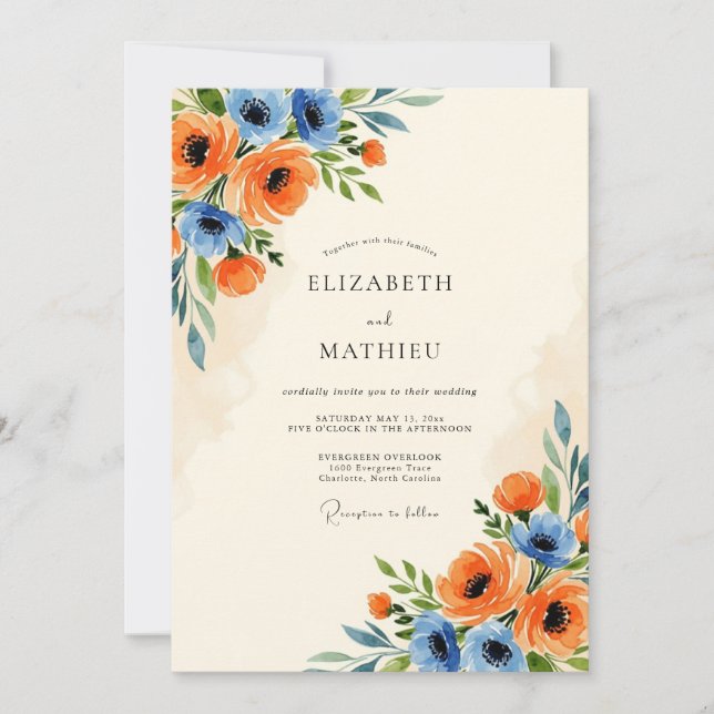 Convite Tangerine Cornflower Blue Scenic Spring Wedding (Frente)