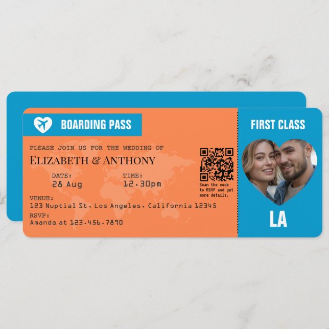 Convite Tangerine & Lagoon Blue Boarding Pass Wedding (Frente/Verso)