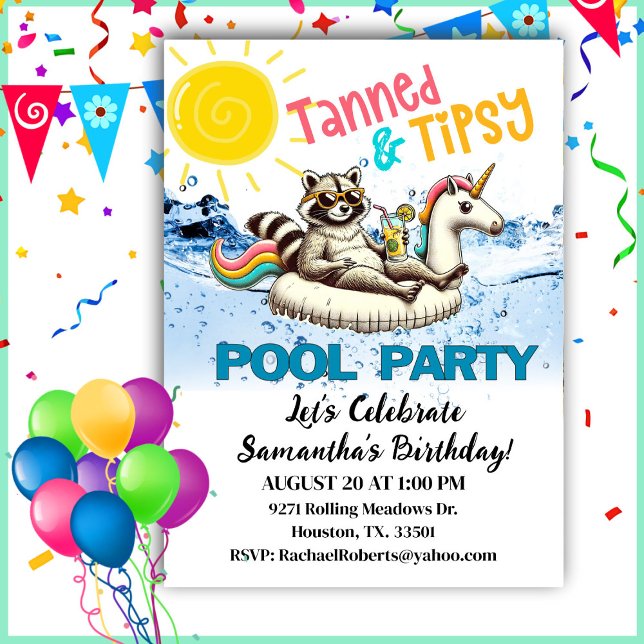 Convite Tanned & Tipsy Raccoon Birthday Pool Party (Criador carregado)