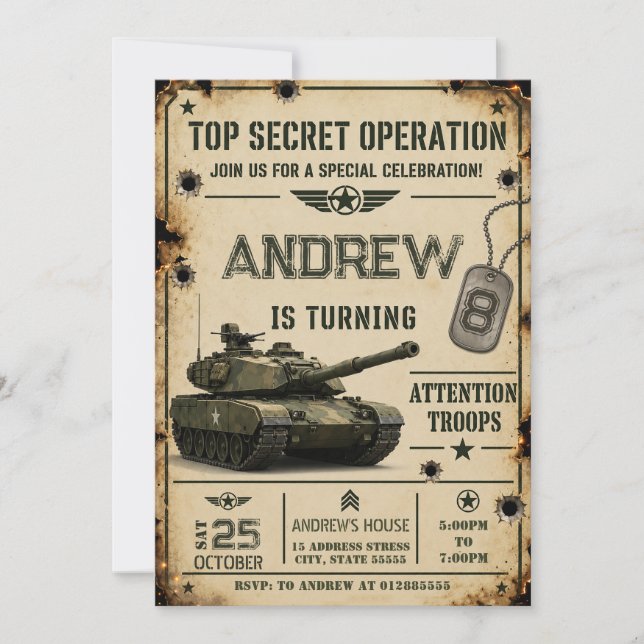 Convite Tanque de Exército Pessoal de Aniversário (Frente)
