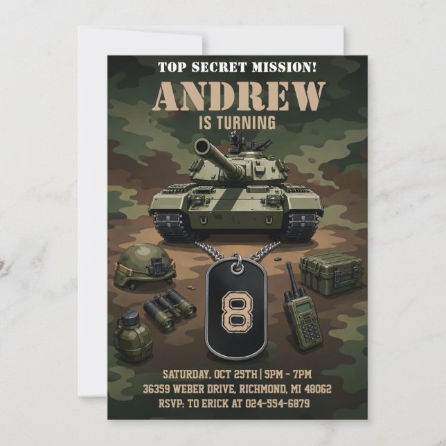 Convite Tanque Militar do Exército Pessoal Aniversário (Frente)