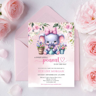 Convite Tão fofo elefante pequeno pastel rosa floral rosa