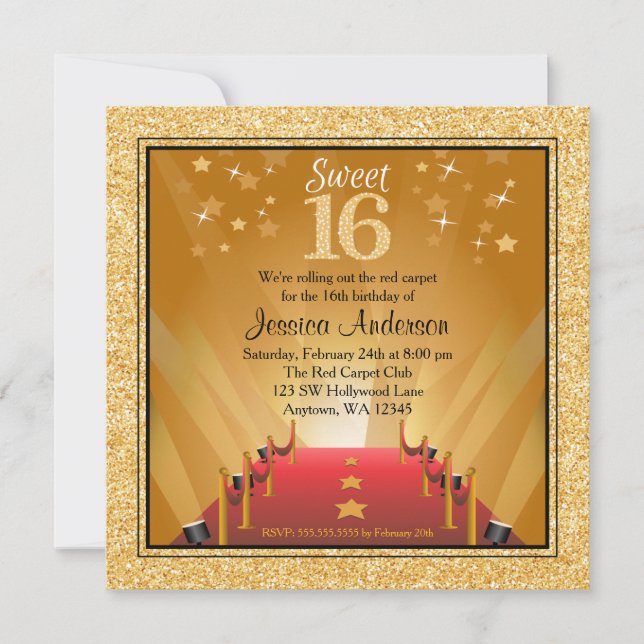 Convite Tape Vermelho Estrela de Hollywood Dourado Anivers (Frente)