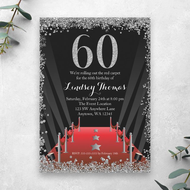 Convite Tape Vermelho Hollywood Brilho Prata 60º Aniversár (Criador carregado)