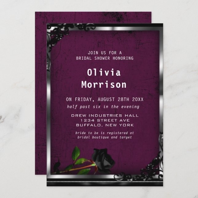 Convite Tapeçaria de ameixa roxa e Casamento Gótico Rosa p (Frente/Verso)