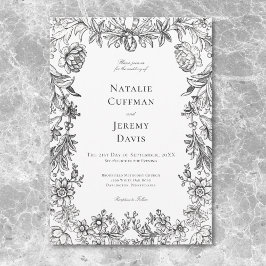 Convite Tapeçaria Floral Preto e Branco Vintage para Casam