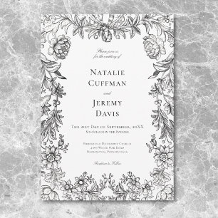 Convite Tapeçaria Floral Preto e Branco Vintage para Casam
