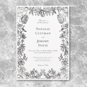 Convite Tapeçaria Floral Preto e Branco Vintage para Casam