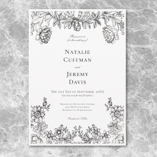 Convite Tapeçaria Floral Preto e Branco Vintage para Casam