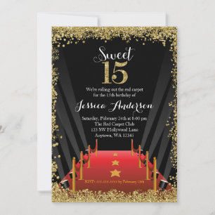 Convite Tapeçaria Vermelha Brilho de Hollywood Sweet 15 Qu