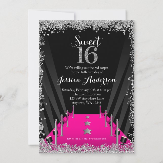 Convite Tapeete Rosa Hollywood Brilho Prata Sweet 16 (Frente)
