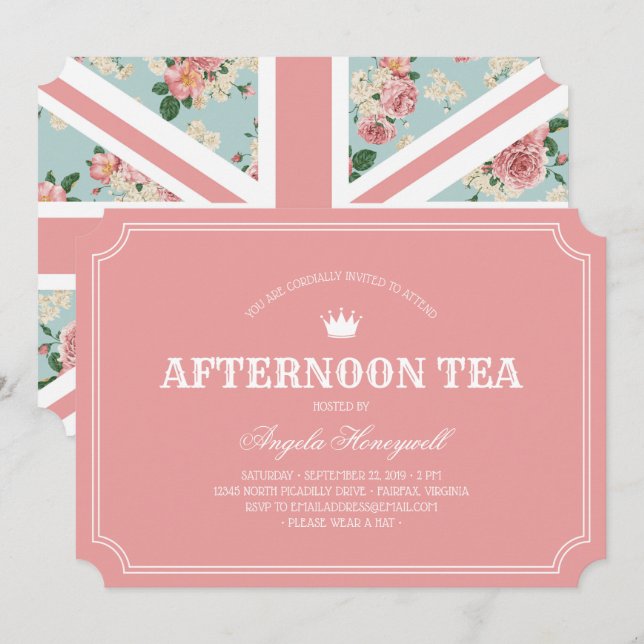 Convite Tarde Tea English Rosas UK Flag (Frente/Verso)