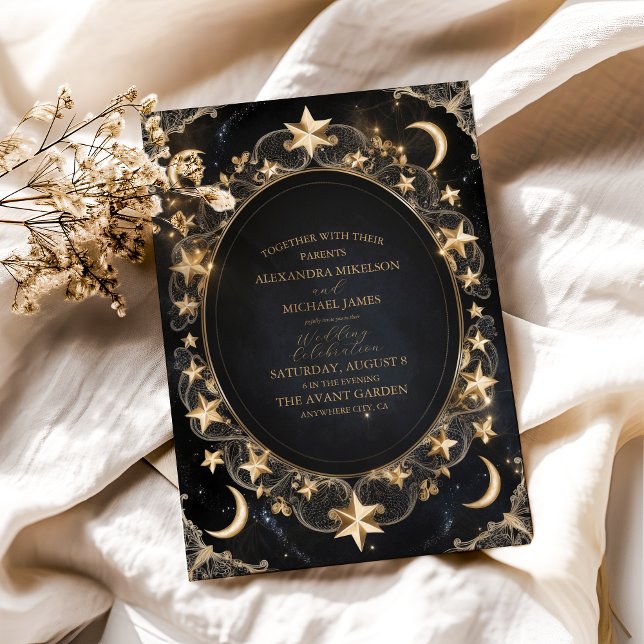 Convite Tarot Casamento Celestial Sol Lua Estrelas Dourado (Criador carregado)