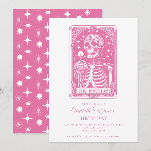 Convite Tarot Divertido Rosa Aniversário (Frente/Verso)