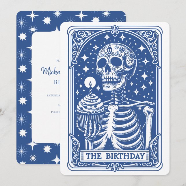 Convite Tarot Skeleton Blue Birthday (Frente/Verso)