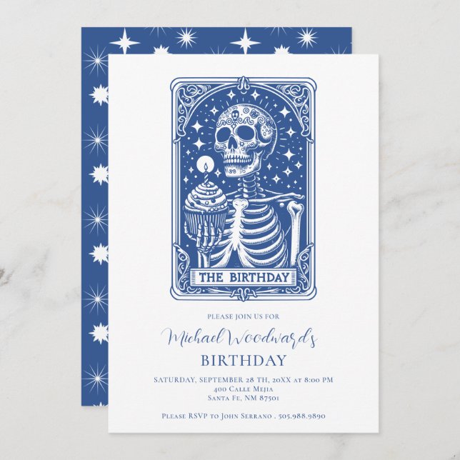 Convite Tarot Skeleton Blue Birthday (Frente/Verso)