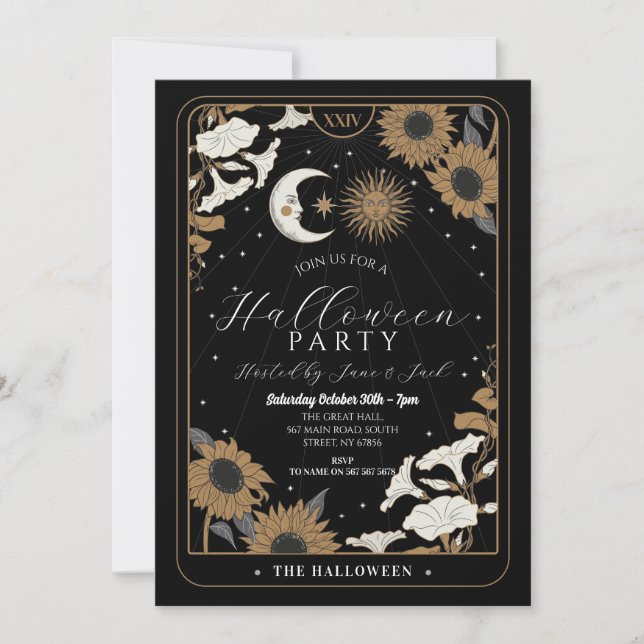 Convite Tarot Sun Moon Alinha Espíritos do Dia das Bruxas (Frente)