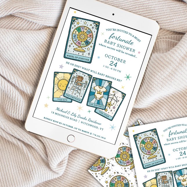 Convite Tarot Wheel of Fortune Gender Reveal Baby Shower (Criador carregado)