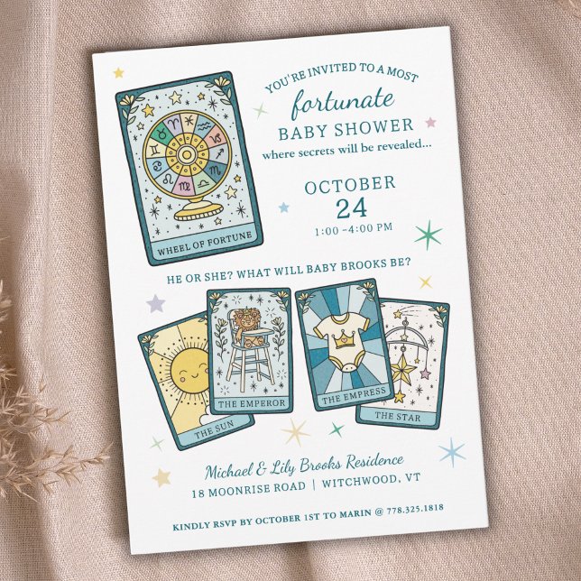 Convite Tarot Wheel of Fortune Gender Reveal Baby Shower (Criador carregado)