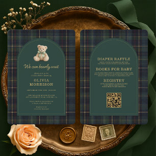 Convite Tartan Bearly Wait Green Baby Shower Tudo em Um