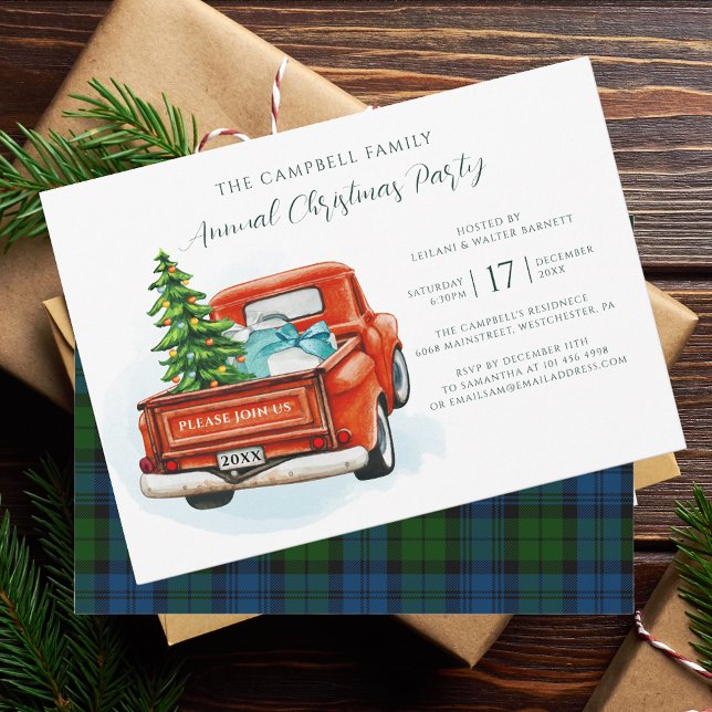 Convite Tartan do Partido de Natal Russo da xadrez (Plaid Christmas Invitation with Red Truck)