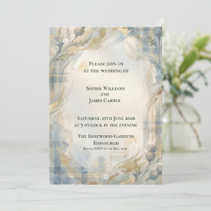 Convite Tartan Oval de Cardo Botânico Dourado Casamento Es