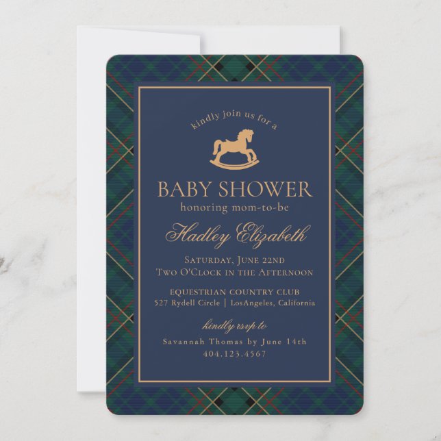 Convite Tartan Plaid Cavalinho de Balanço Clássico Chá de  (Frente)