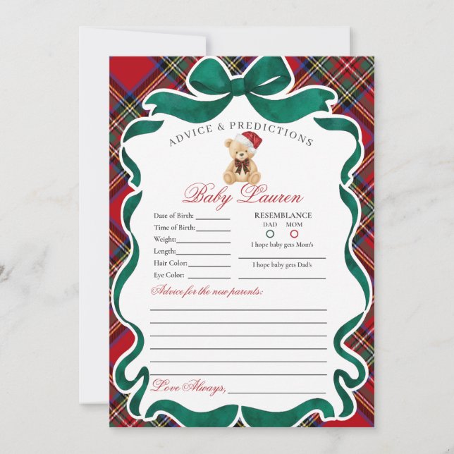 Convite Tartan Plaid Christmas Bear Advice for Baby Card (Frente)