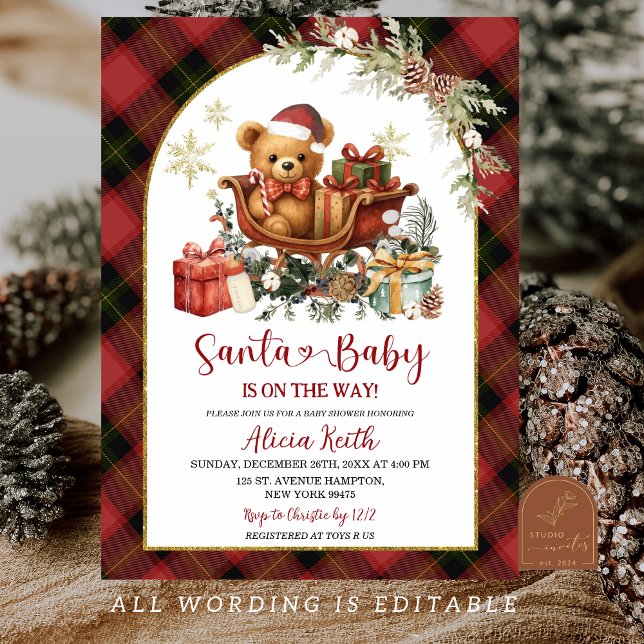 Convite Tartan Red Christmas Santa Bear Baby Shower  (Criador carregado)
