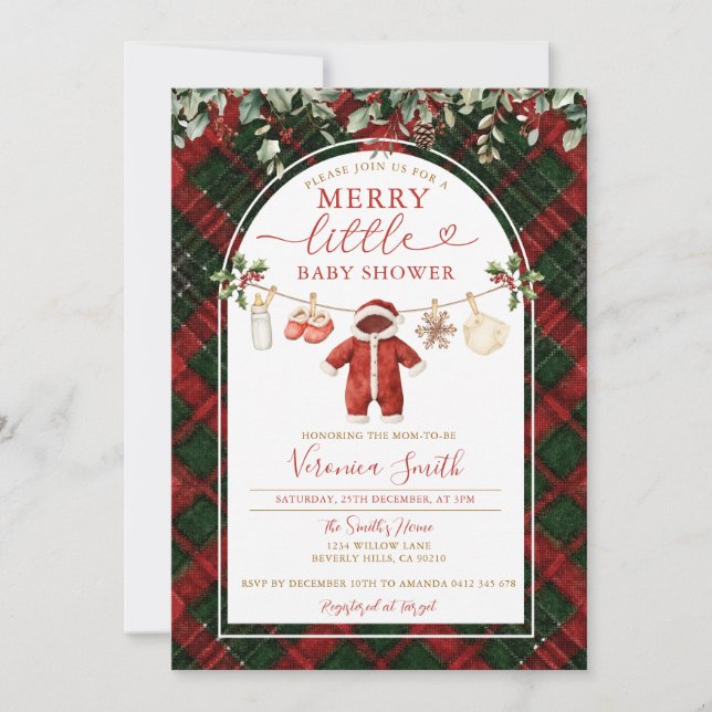 Convite Tartan Santa Clothesline Merry Little Baby Shower (Frente)