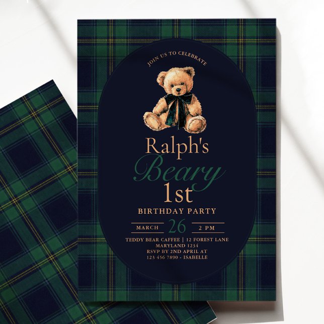 Convite Tartan Teddy Bear 1st Birthday (Criador carregado)