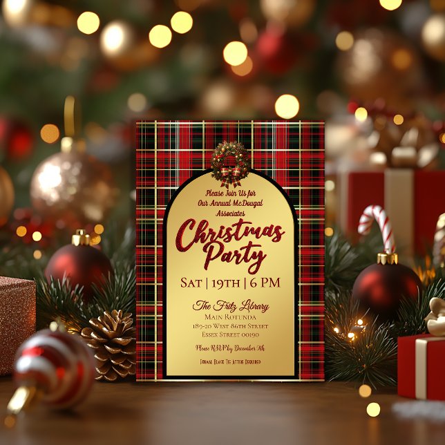 Convite Tartan Vermelho Clássico de Natal Festa  (Classic Christmas Plaid Holiday Party Invitation)