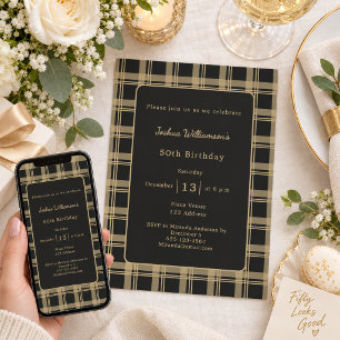 Convite Tartan Xadrez Preto Dourado Aniversário