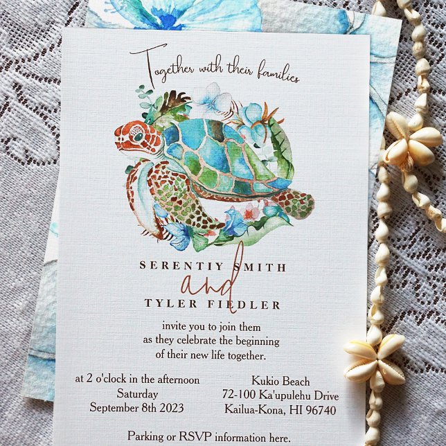 Convite Tartaruga-do-mar, Casamento Verde Azul Tropical (Watercolor Sea Turtle Wedding Invitation for Sea Blue, Green, Brown Island Color Theme)